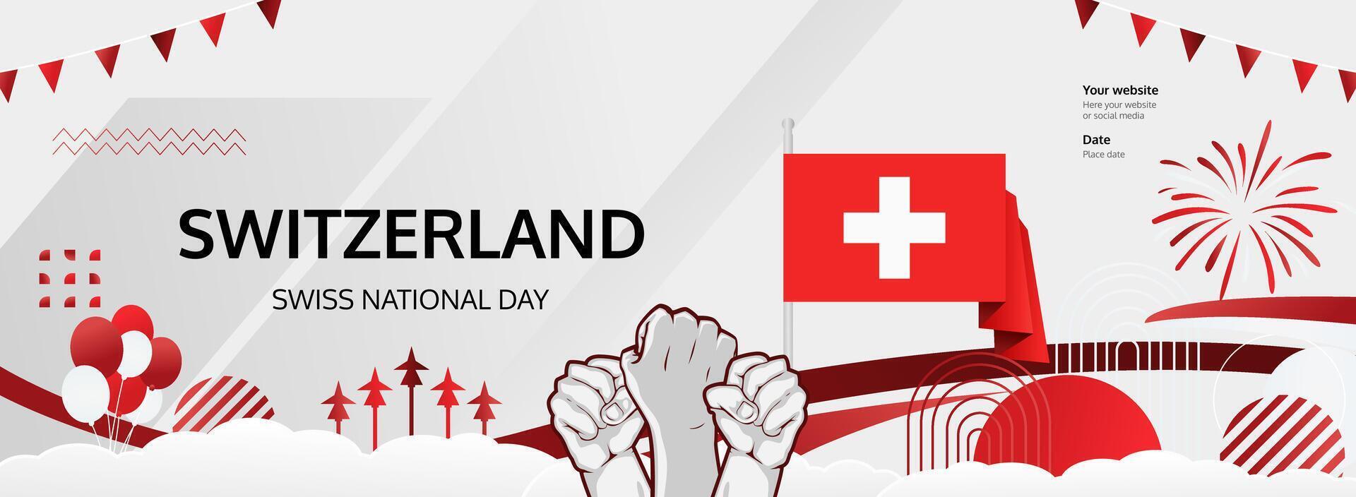 Honor Switzerland August 1st celebration with a vibrant banner, featuring the flag and raised fist in a powerful, patriotic design. vector