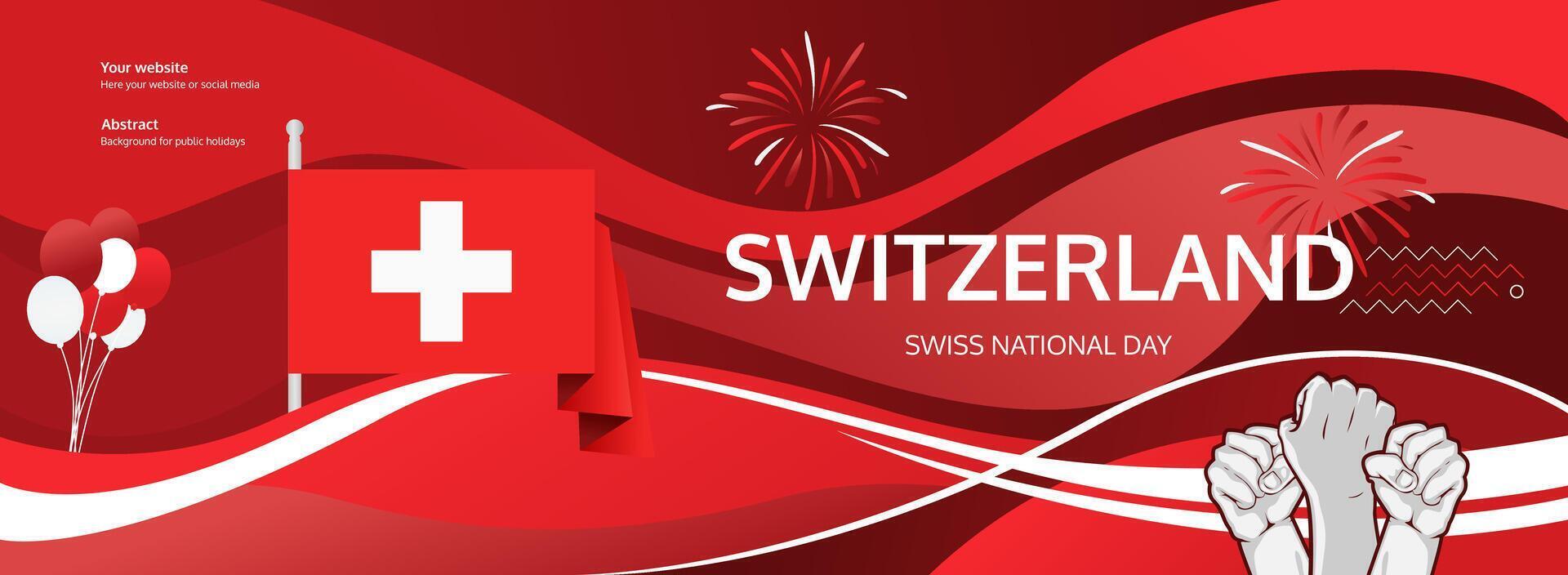 Swiss National Day invitation banner illustration concept. August 1st is celebrated as Switzerland National Day. Vibrant template with flag and raised fist, great for national holiday poster of Swiss. vector