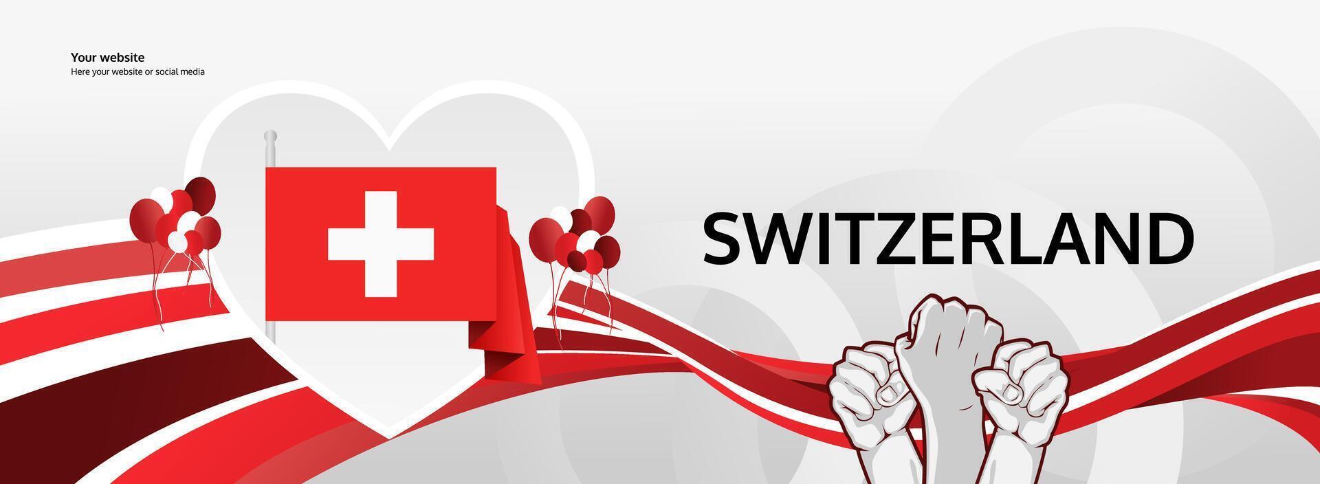 Bright and bold, this Swiss National Day banner features the iconic flag and raised fist, perfect for August 1st poster. Happy Switzerland Day vector