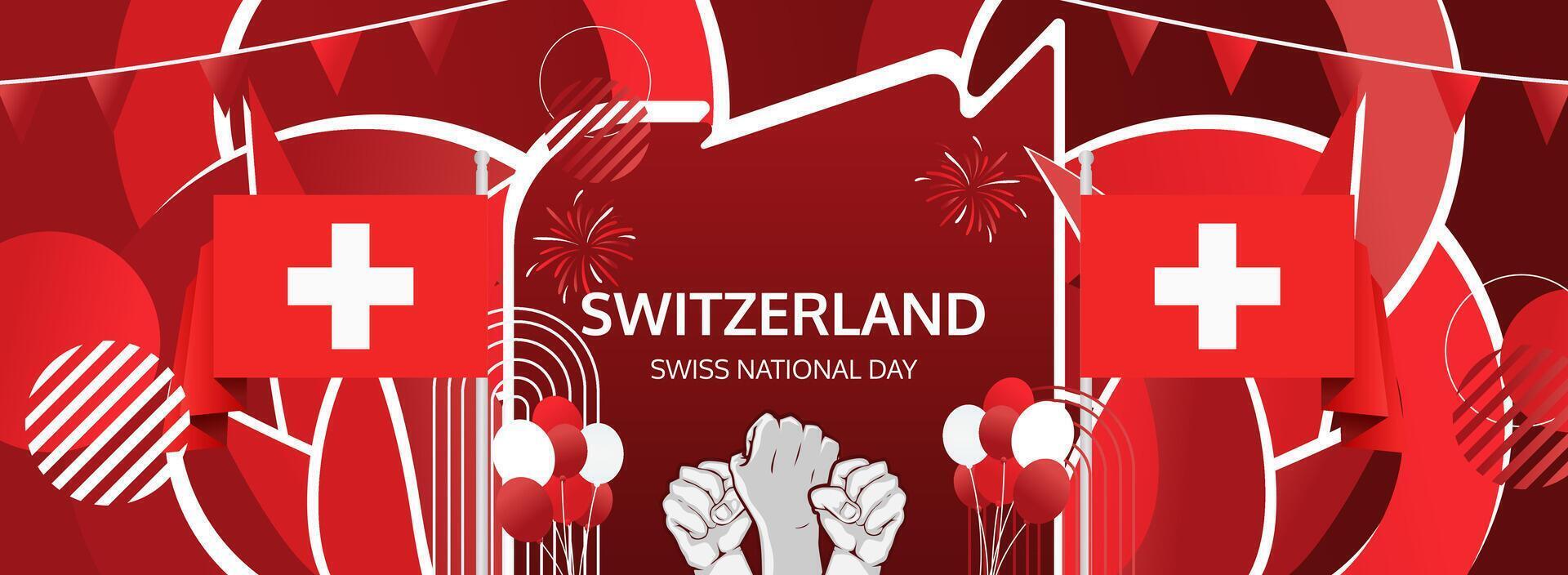 Celebrate Swiss pride with this vibrant National Day banner. Perfect blend of the flag and raised fist for your August 1st event. vector
