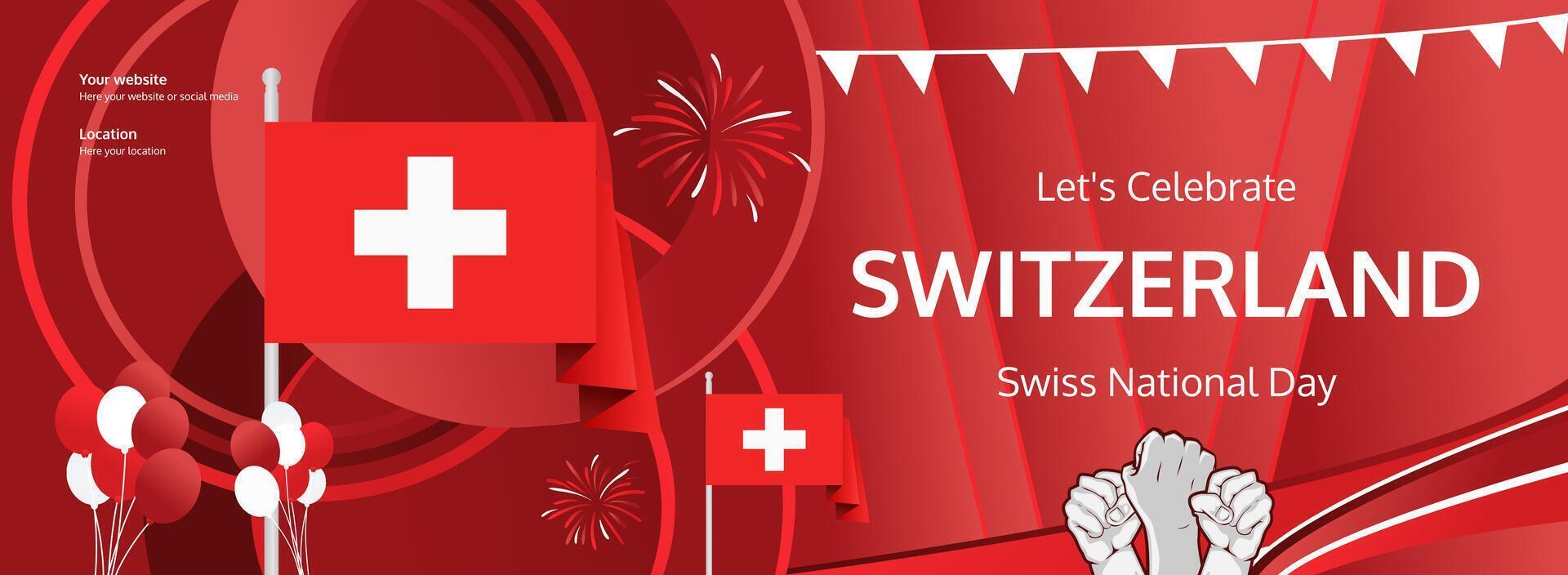 Striking invitation for Swiss National Day, showcasing the flag and raised fist in a colorful, celebratory design for August 1st. vector