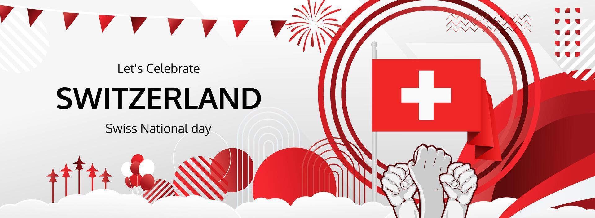 Mark Swiss National Day with lively banner design. Featuring the flag and a raised fist, ideal for August 1st celebration poster. vector