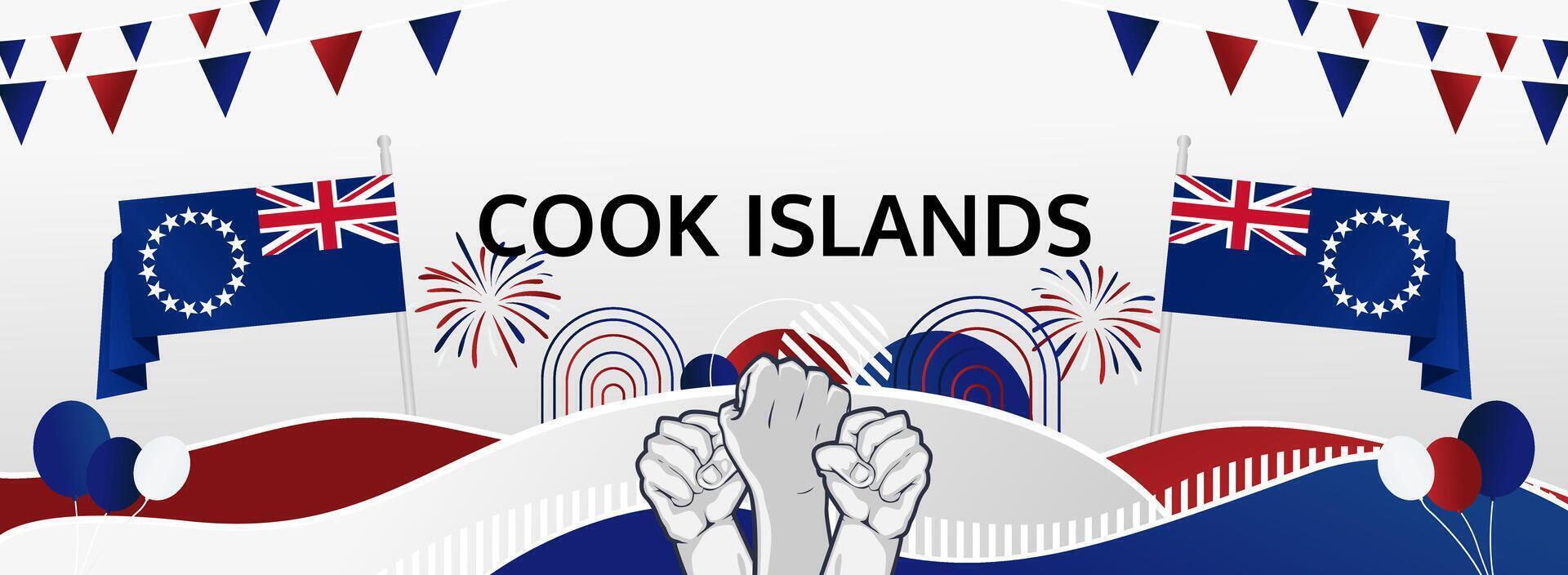 Celebrate Cook Islands Constitution Day on August 4th with a vibrant banner featuring flags and raised fists, perfect for a national holiday poster. vector