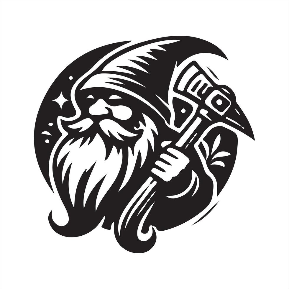 Gnome with axe in hand, black and white logo vector