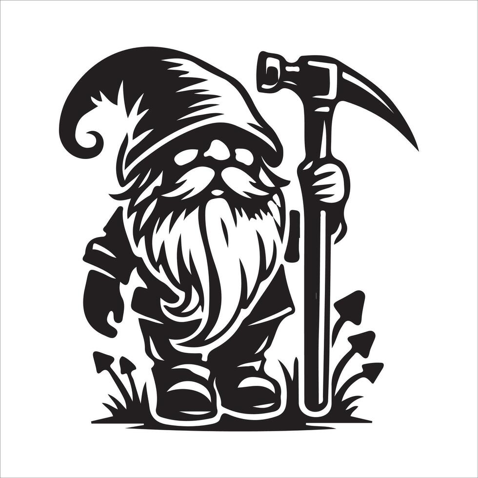 Gnome with axe and hat in black and white vector