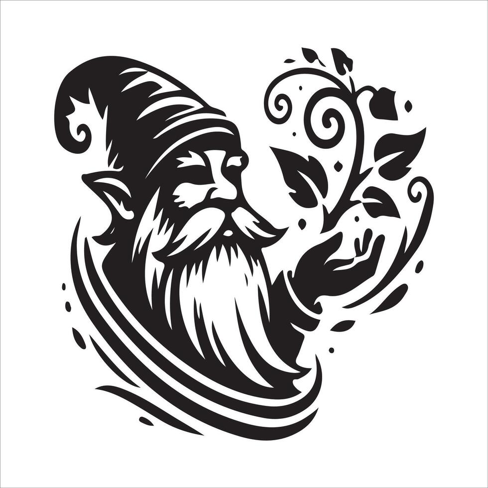 Gnome with a beard and leaves in his hand vector