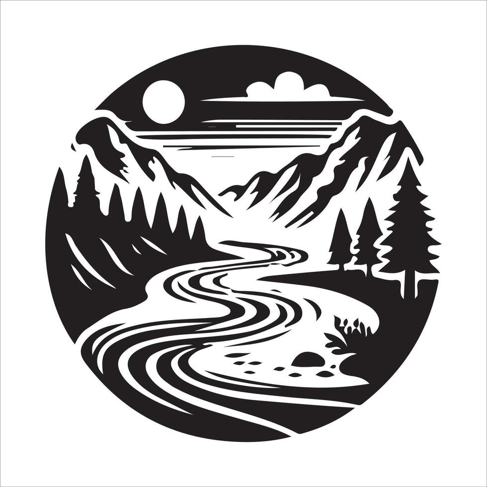 A river and mountains in a circular design vector