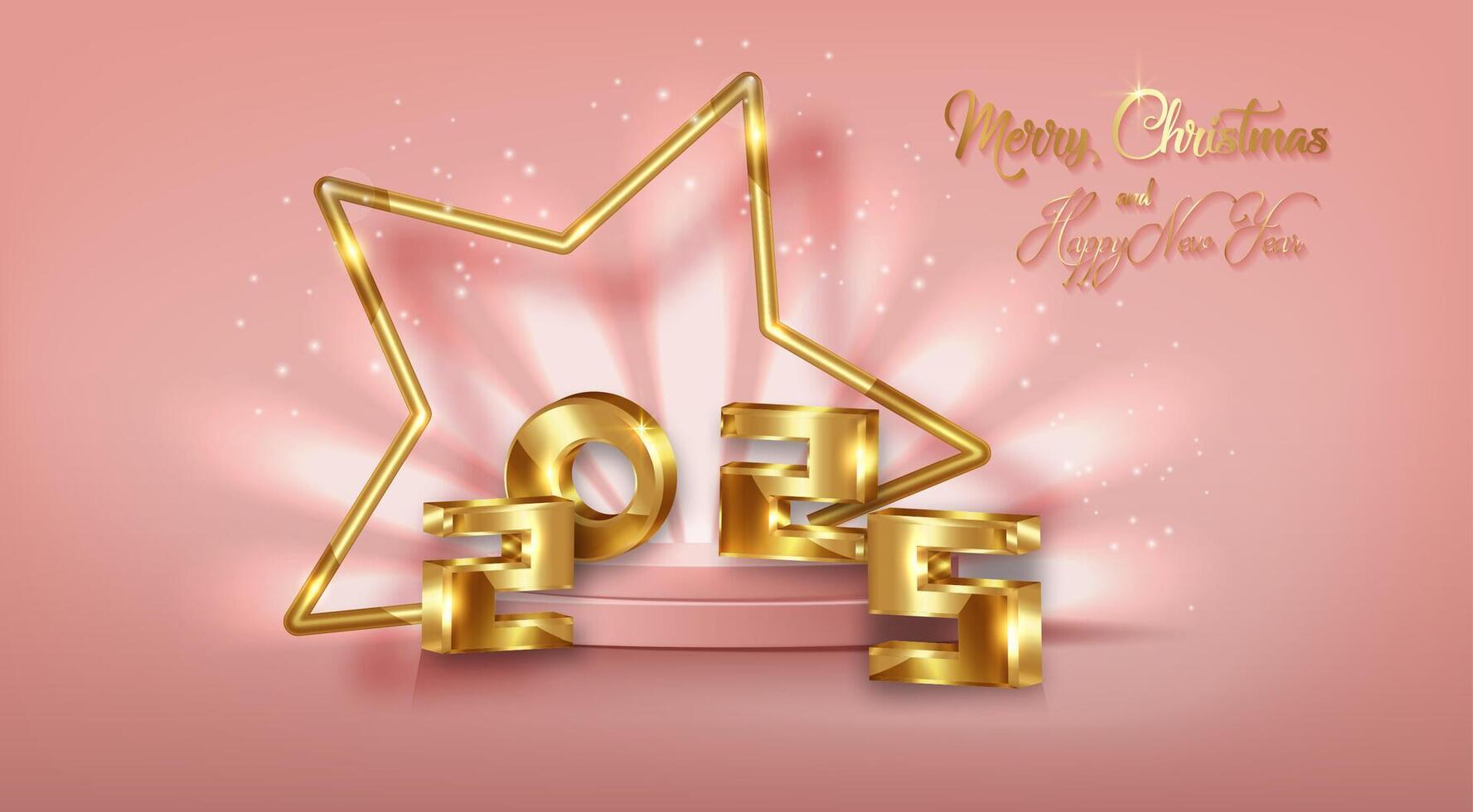 2025 golden 3D numbers Merry Christmas and Happy New Year banner with gold star frame in 3d platform studio display. Fashion Pedestal floor. Luxury Stage showcase podium, pink background vector