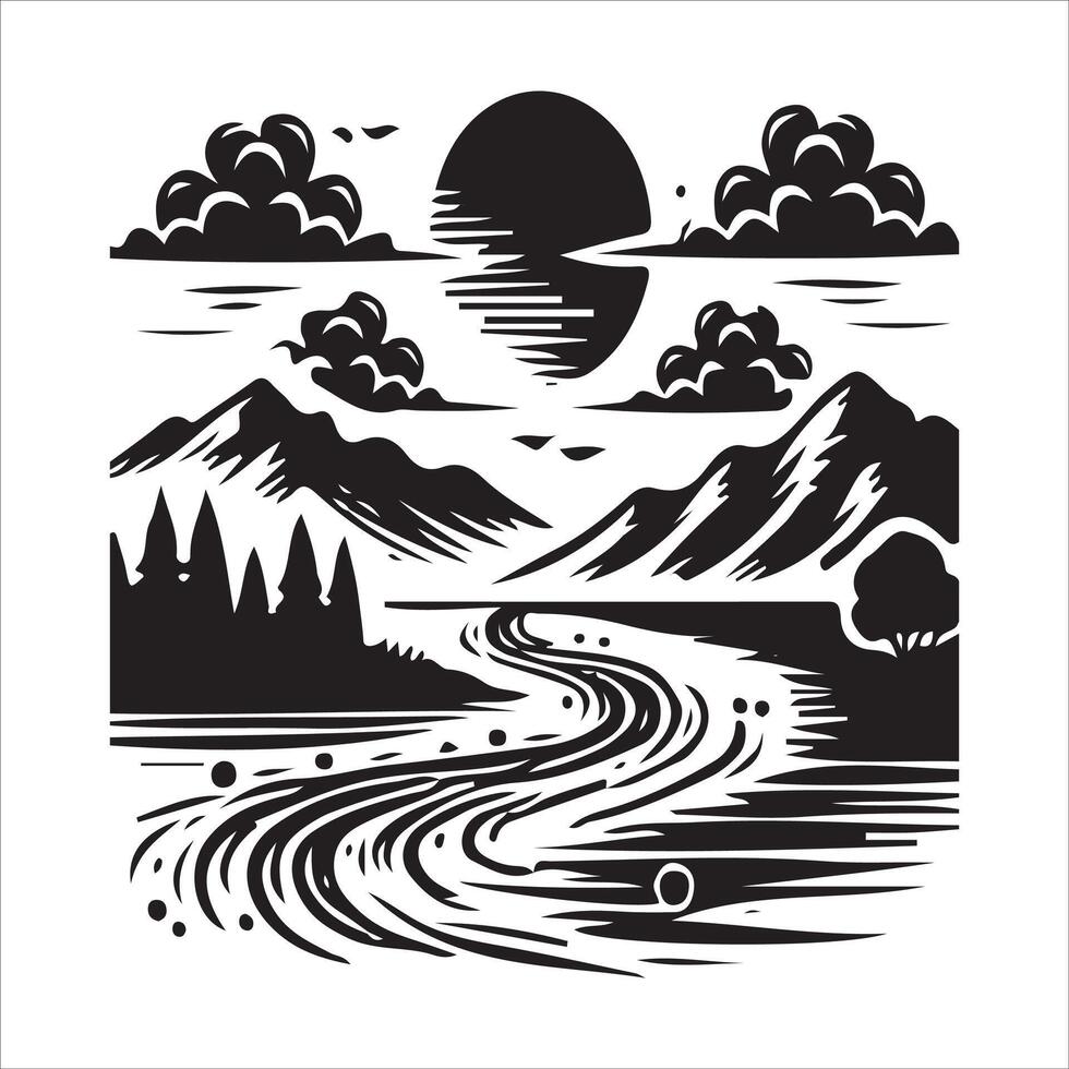 A black and white illustration of a river and mountains vector