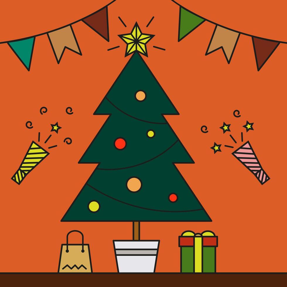 Colored simple background with a stroke of a gift under the tree. Christmas tree with gifts. vector