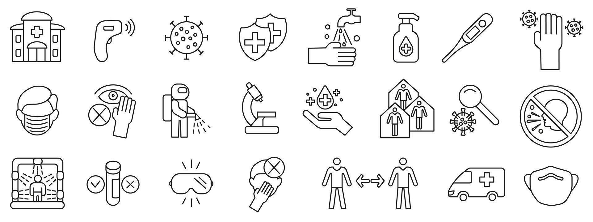 Icons related to the virus and its treatment. The virus and its treatment. Preventing the spread of the virus. vector