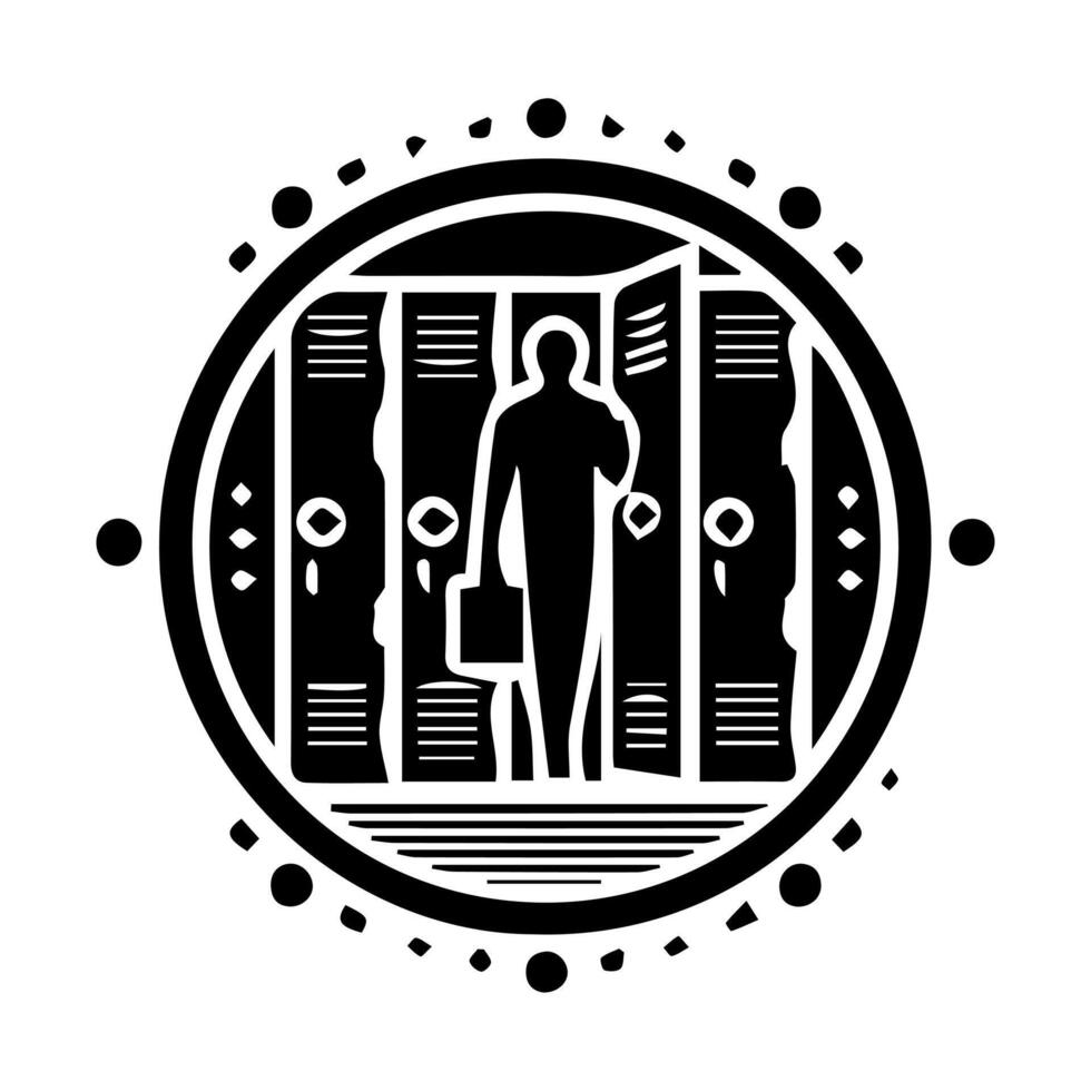 A black and white logo of a man standing in front of a locker vector