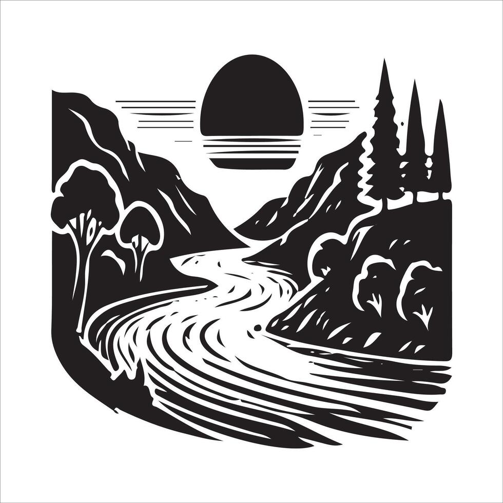 A river and trees in the forest with a sun in the background vector