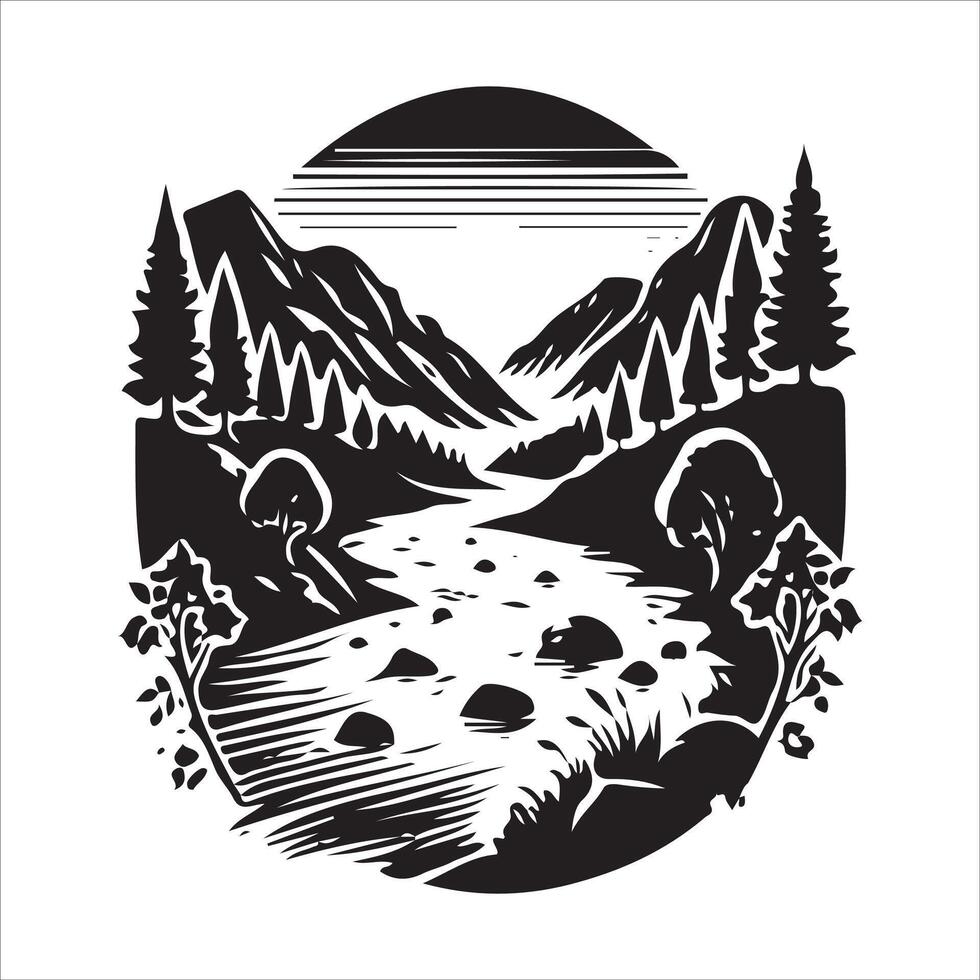 A black and white logo of a river and mountains vector