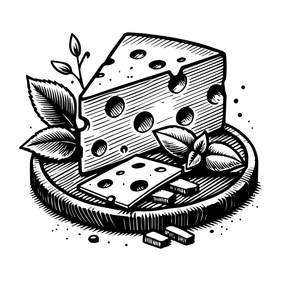 Cheese and leaves on a plate illustration vector
