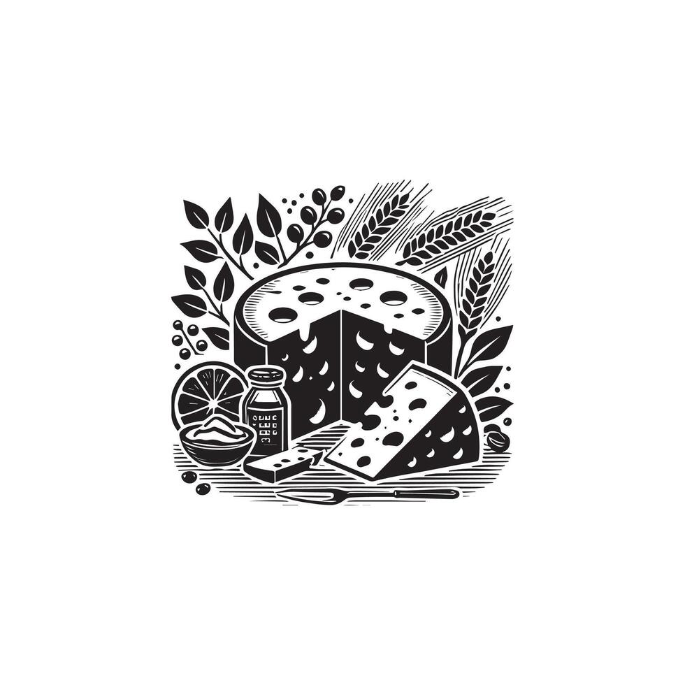 A black and white illustration of a piece of cheese vector