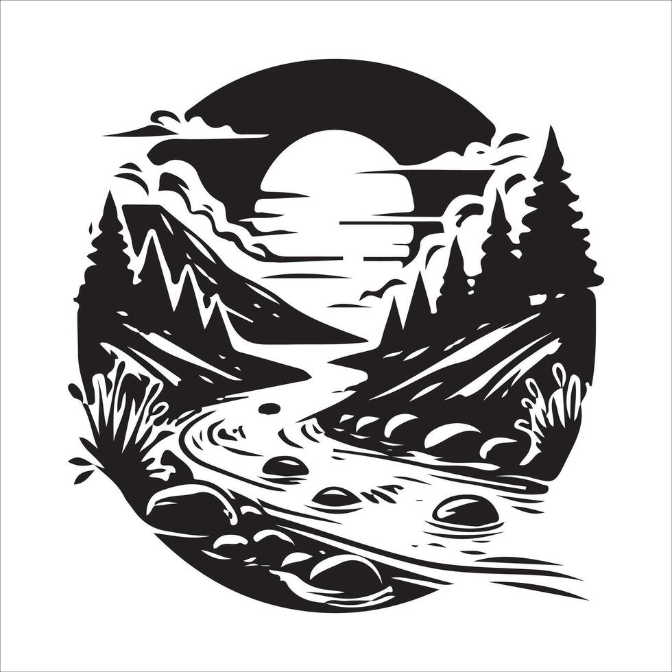 A river and mountains in a black and white design vector