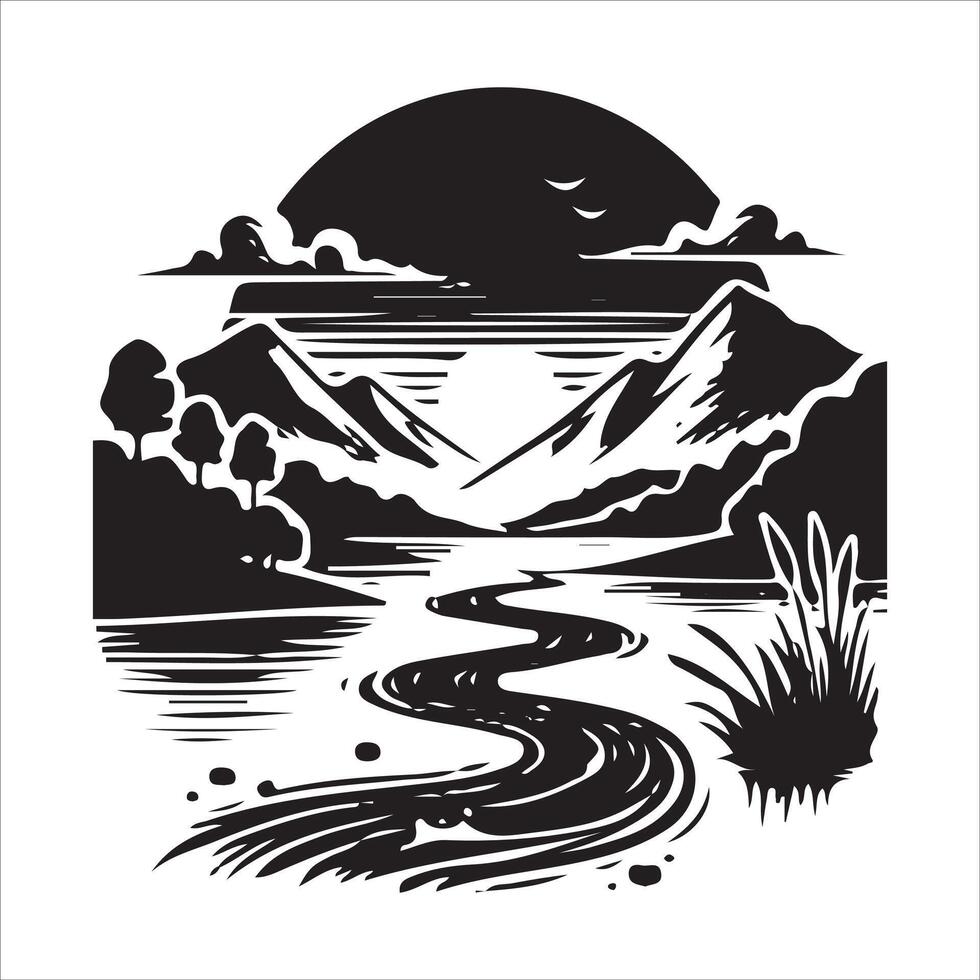 A river running through a mountain landscape with trees and grass vector