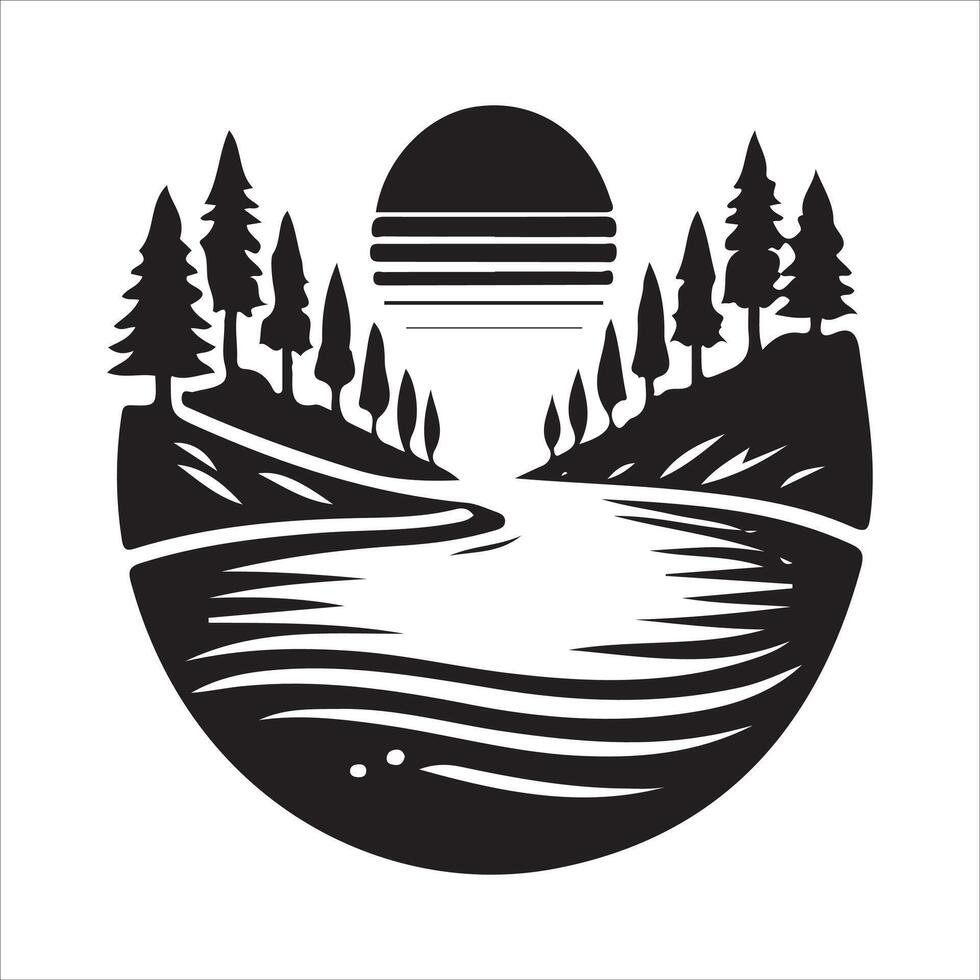 A black and white logo for a lake and trees vector