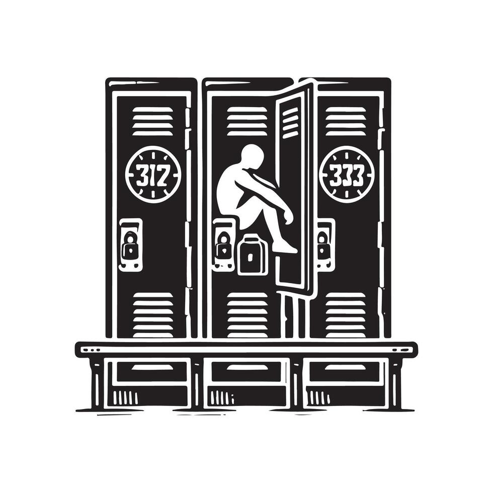 A black and white drawing of a man sitting on a locker vector