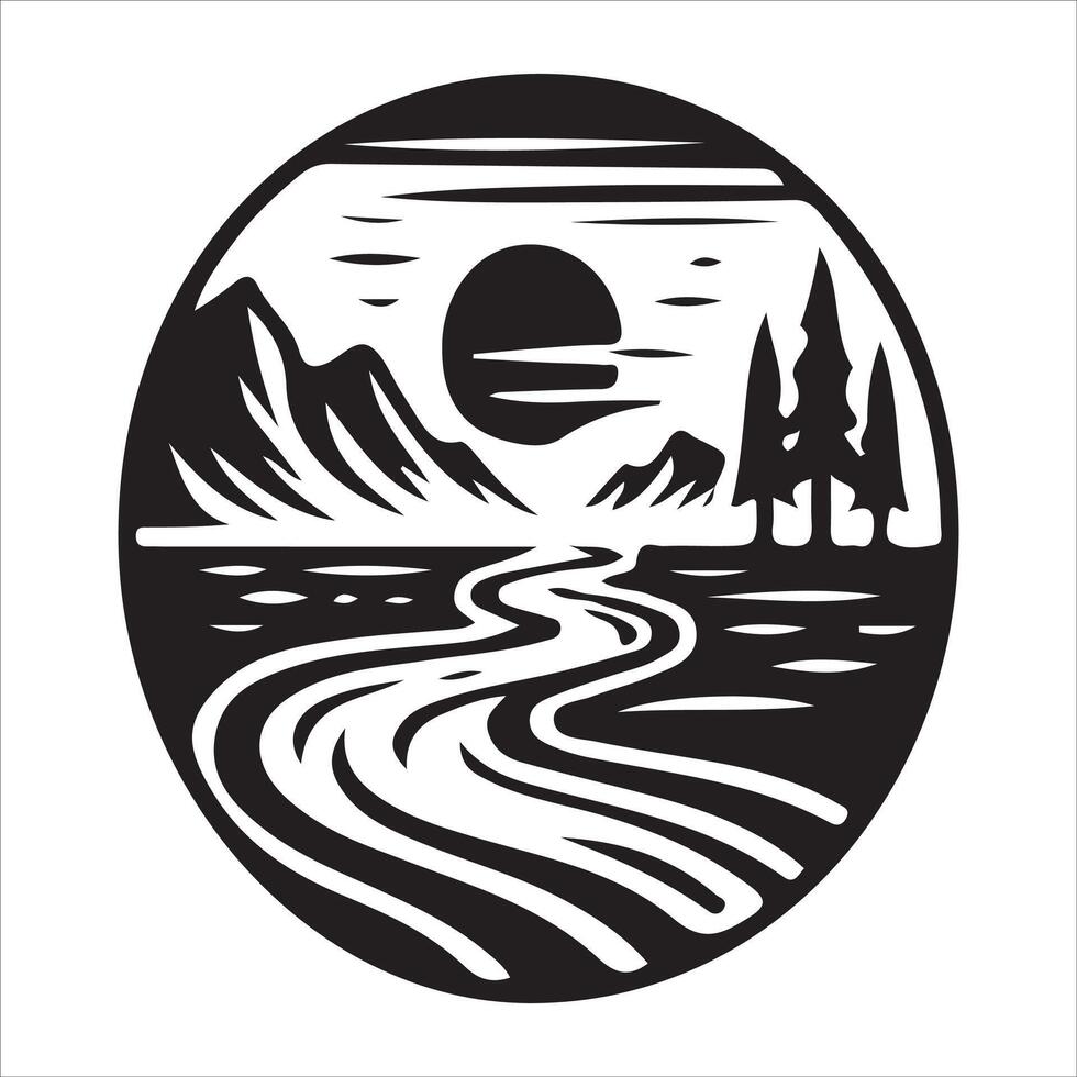 A black and white image of a river and trees vector
