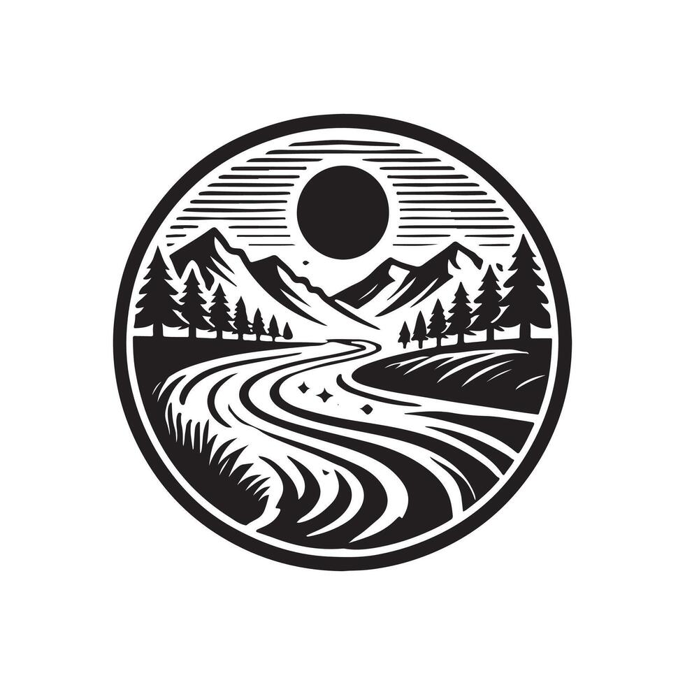 A black and white logo for a river and mountains vector