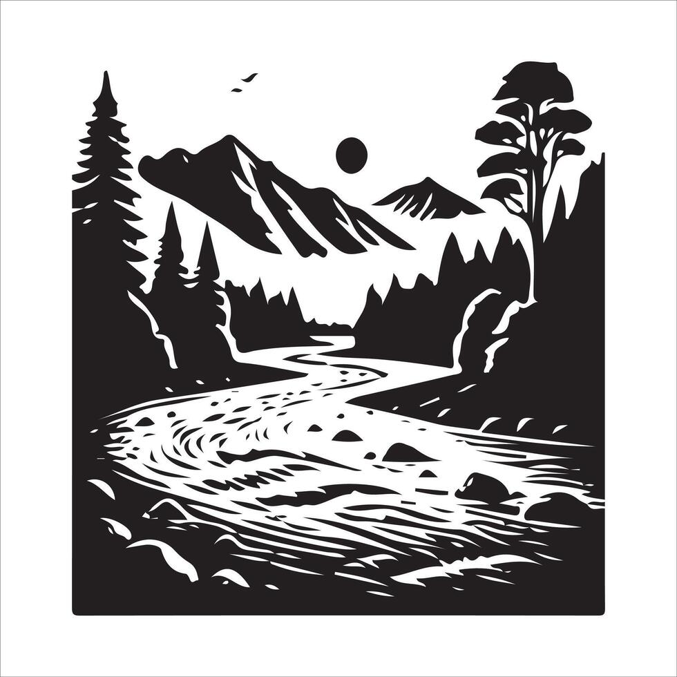 A black and white illustration of a river and trees vector