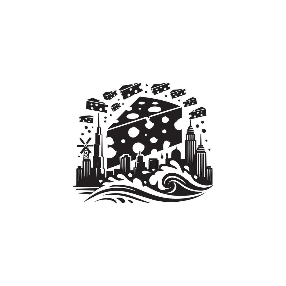 A black and white logo with a city skyline vector