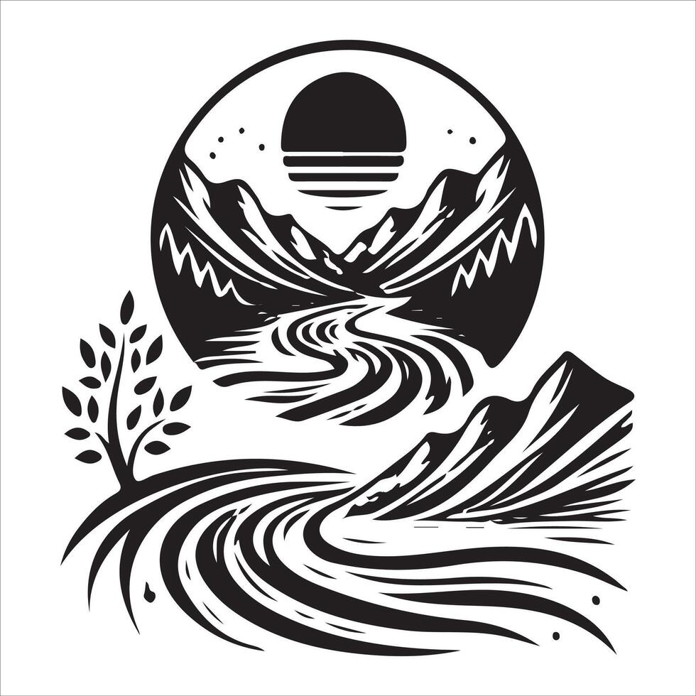A river and mountains in a circular design vector