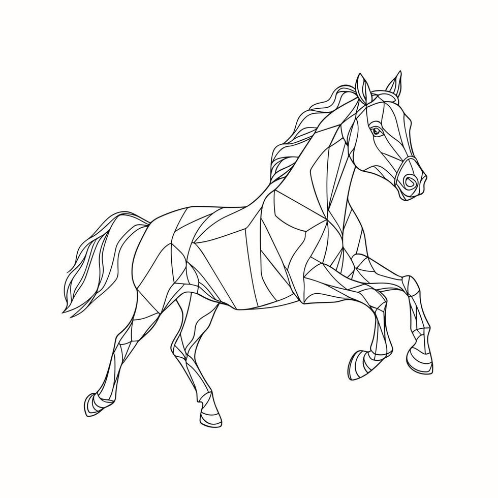 Outline horse icon in abstract geometric style. Animal logo in origami style. Running mustang mascot. Black and white illustration vector