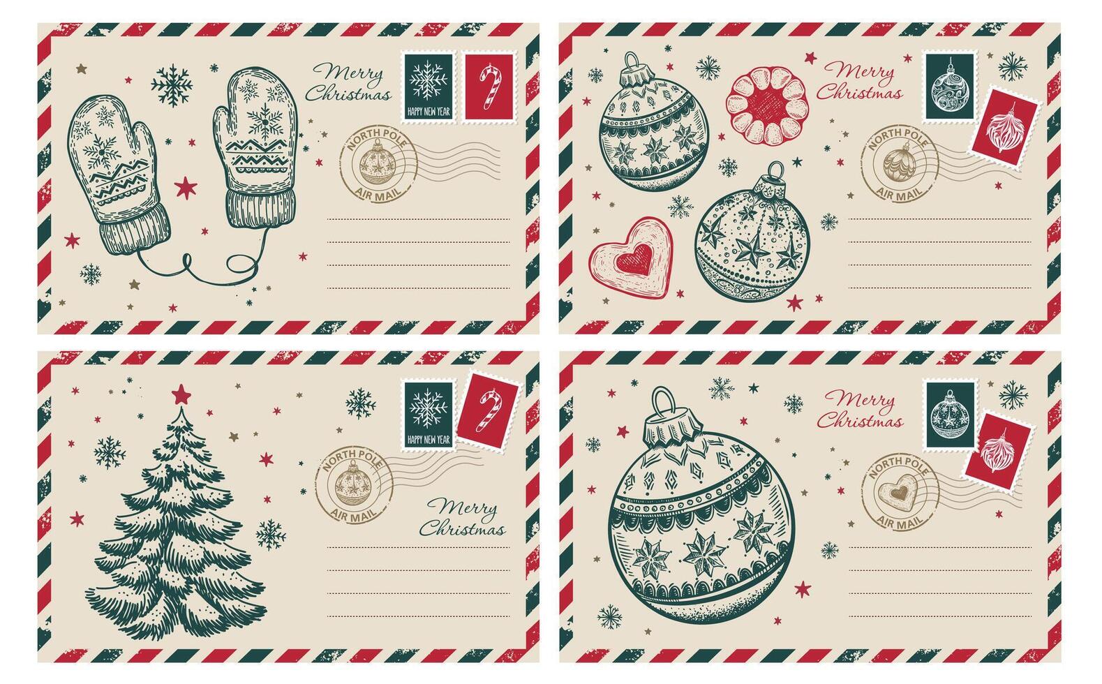 Postcard, Christmas mail, with tree, ball, card set, hand drawn illustration. vector