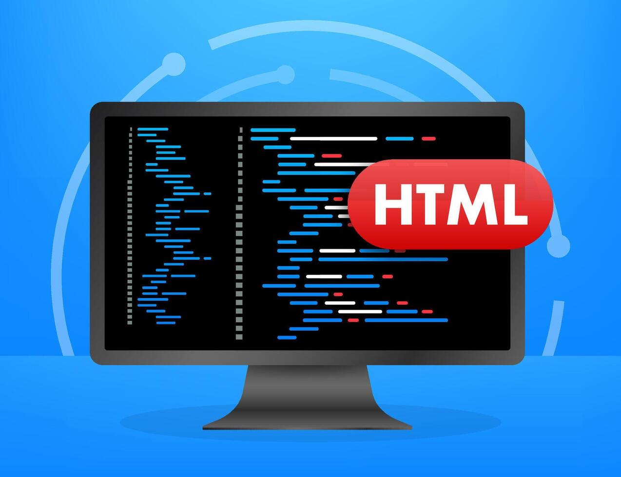 Computer monitor showing html programming code on blue background vector