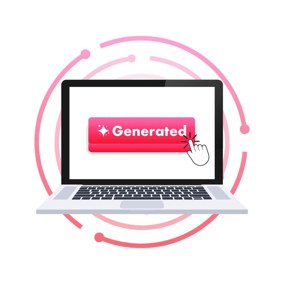Cursor clicking generated button on laptop screen with modern pink graphics vector