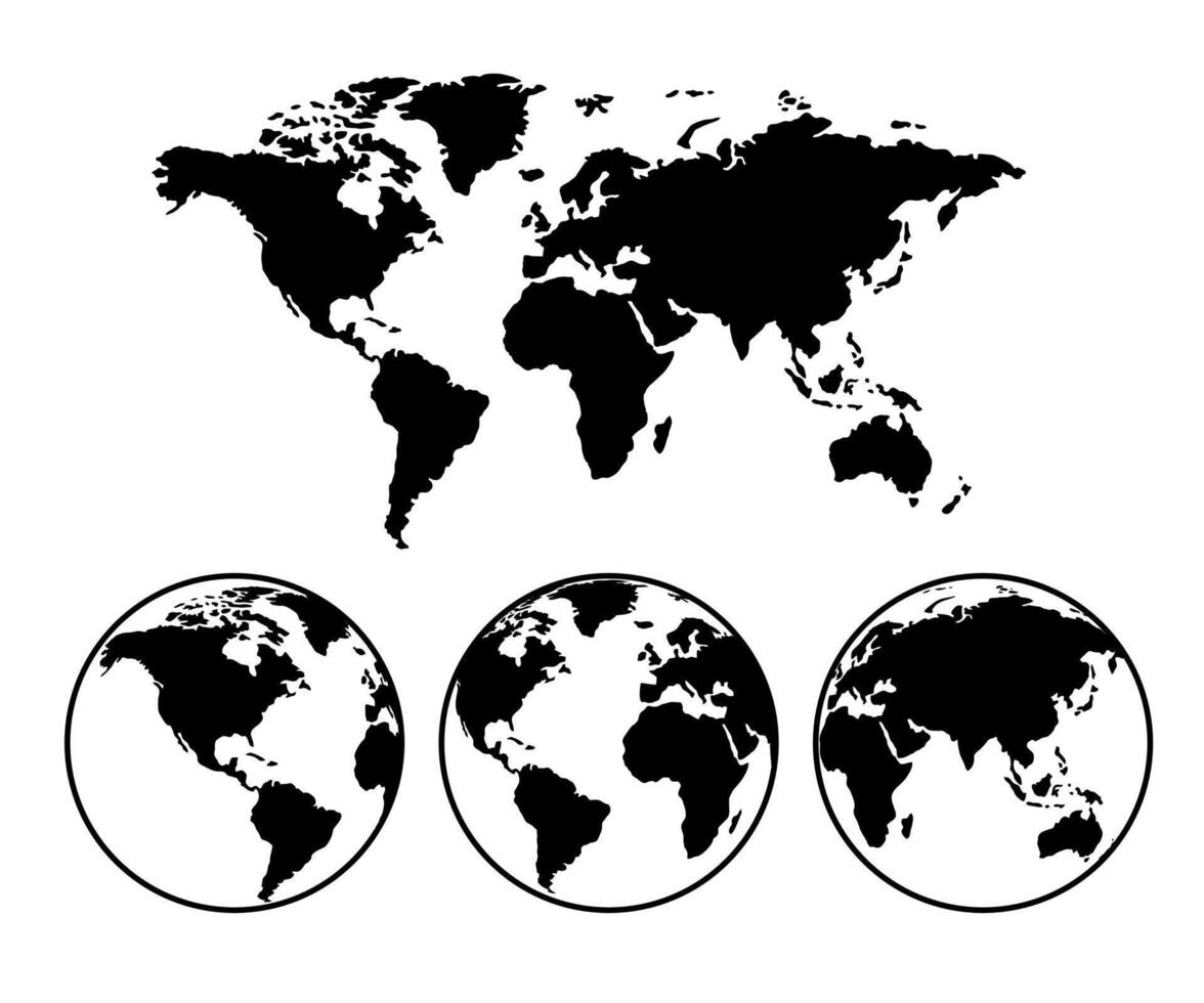Black and white earth map icon set. vector