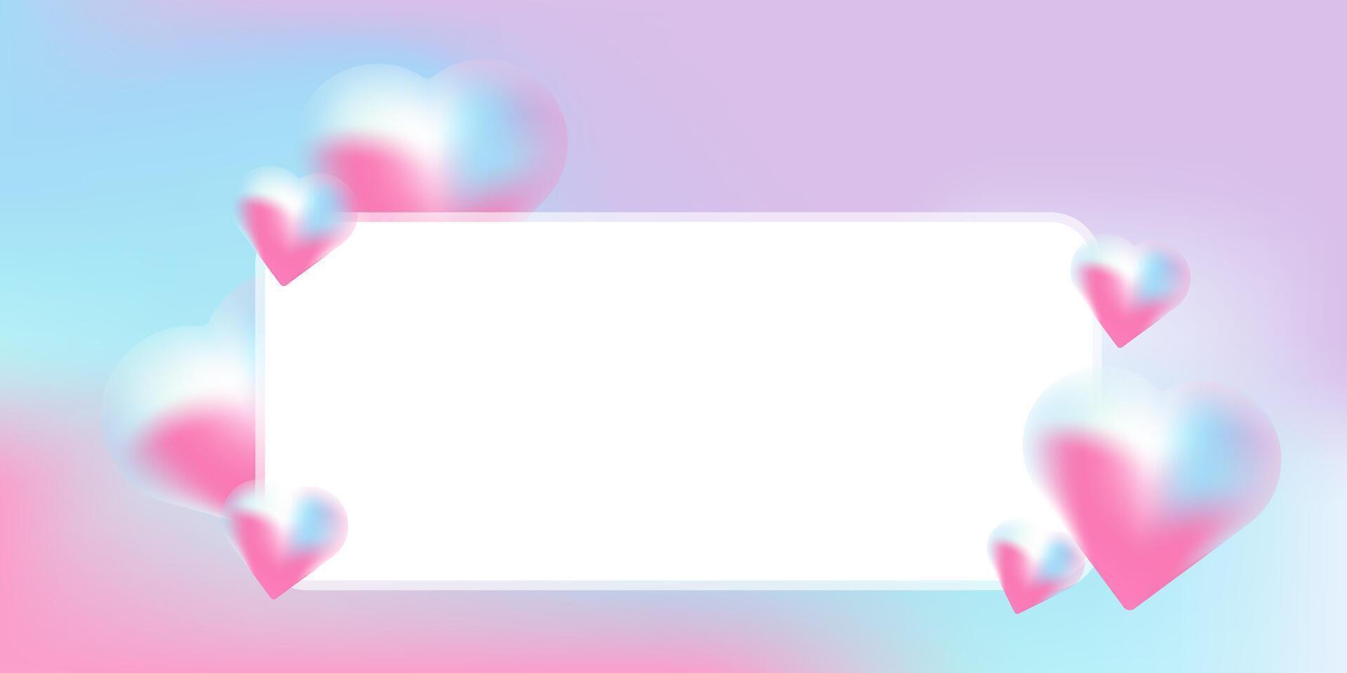 A romantic graphic with glowing 3D hearts in pink and blue surrounding a blank white center, ideal for a love-themed message. vector