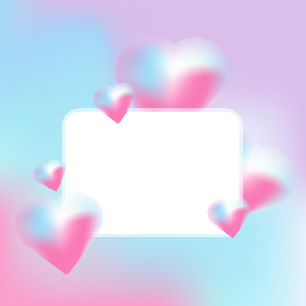 A pastel-themed design featuring a white rectangular frame surrounded by soft pink and blue gradient hearts, set against a gradient background blending light pink and blue hues vector