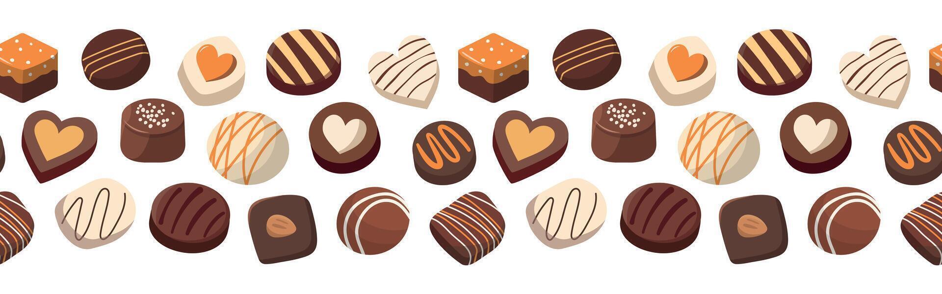 Sweet chocolate candies border pattern. Set of chocolate sweets and desserts. Isolated on white background. vector