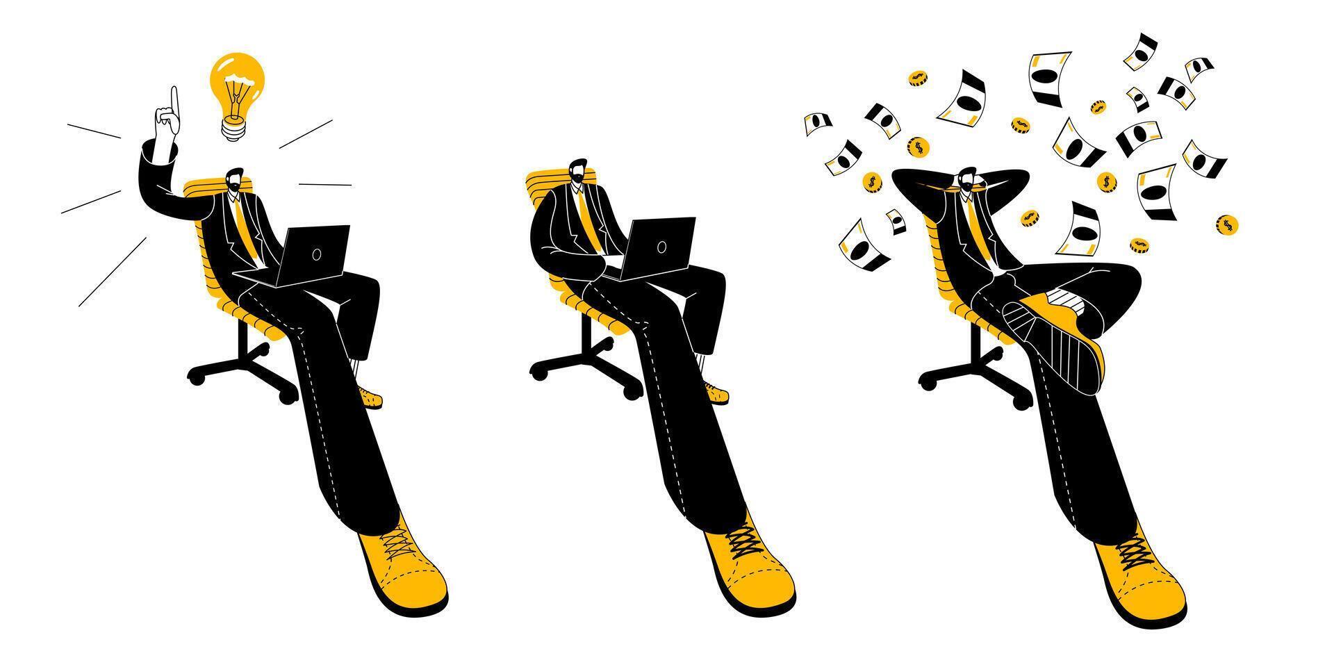 A set of illustrations with a businessman sitting on an office chair. vector