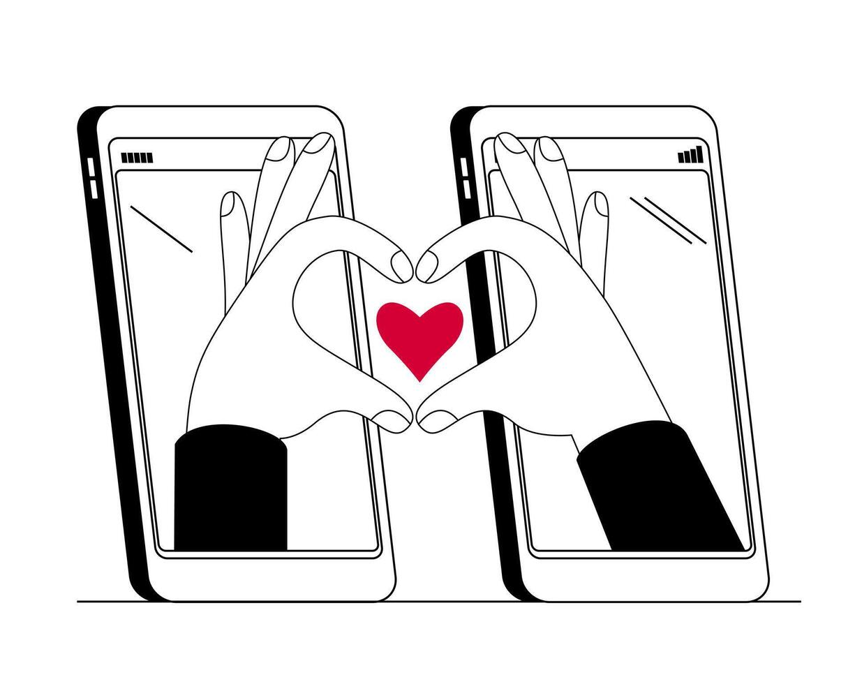Hands from different phones show a heart gesture. vector