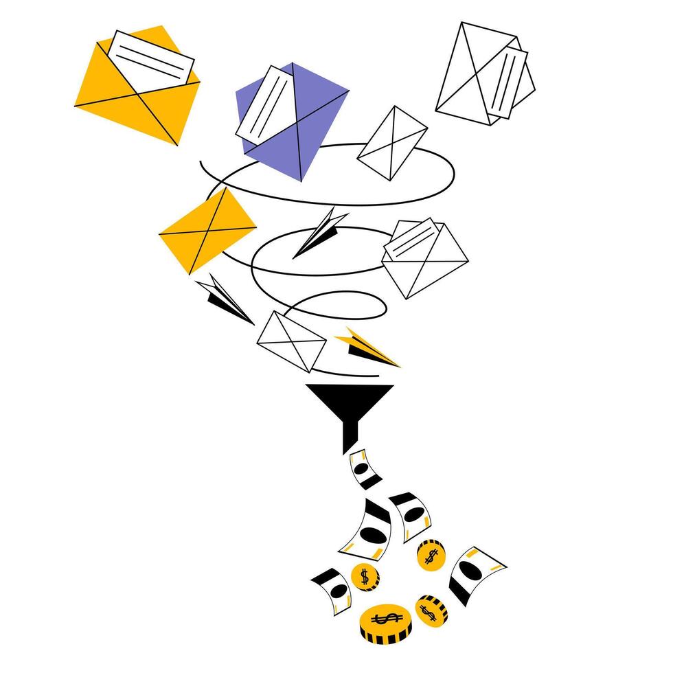 A tornado of applications flies into a sales funnel from which money drips. vector