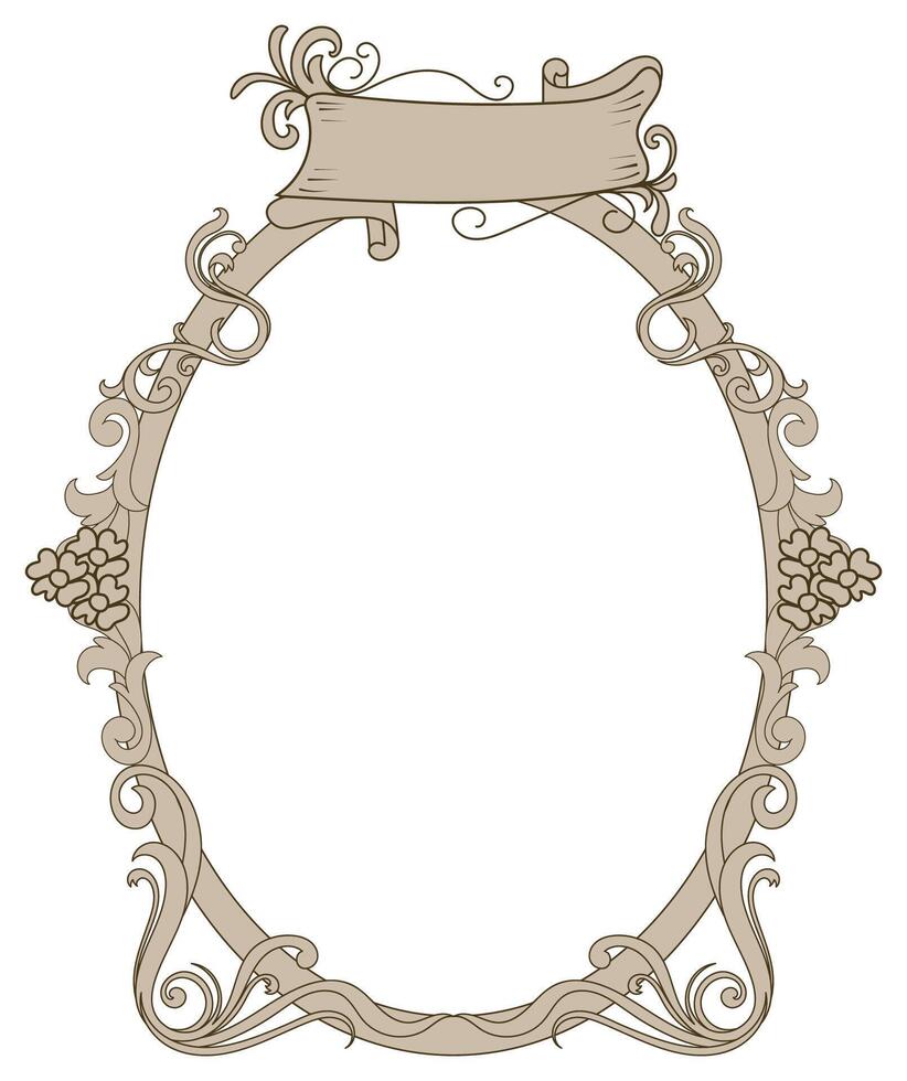 Brown vintage glass frame for graphic elements, floral scroll lines vector
