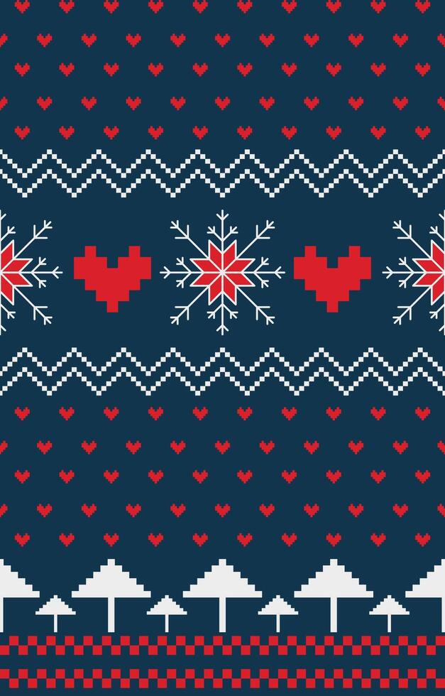 Christmas sweater pattern, red and green on a dark navy background at night in winter. vector