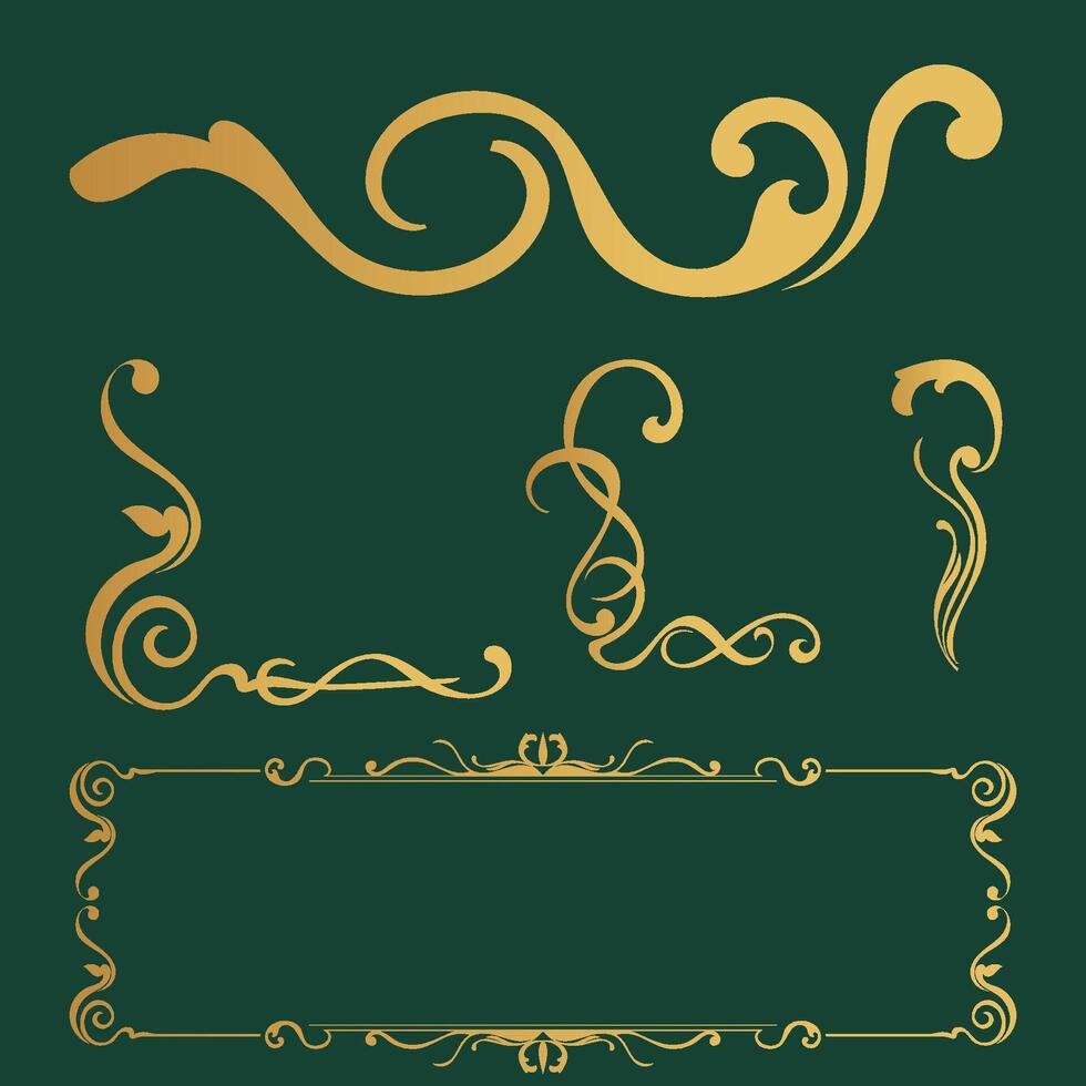 Golden frame. Vintage corners. Christmas decoration graphic element on green background. vector