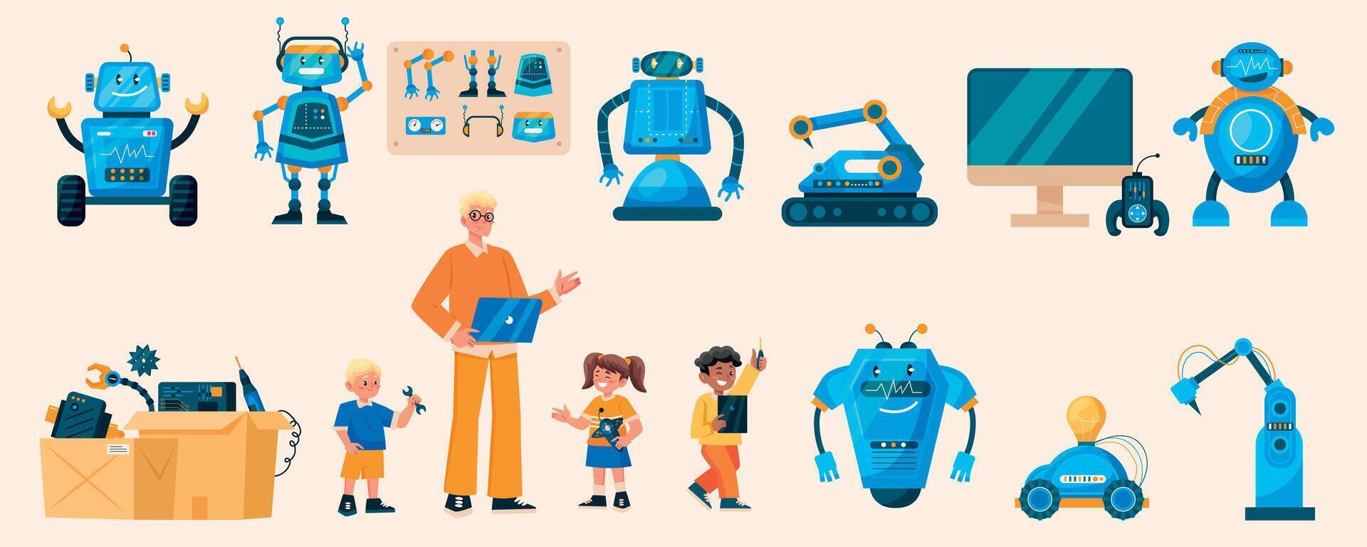 Hand drawn flat robotics for kids element set vector