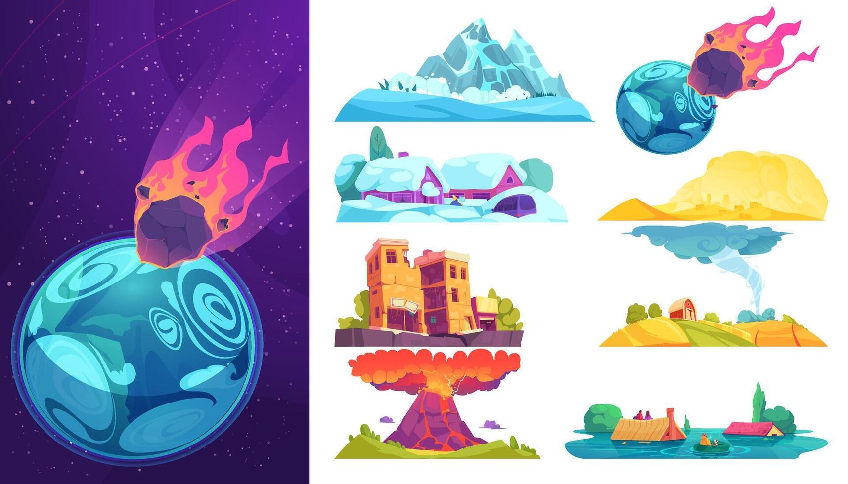 Meteor Approaching Earth with Diverse Landscapes vector