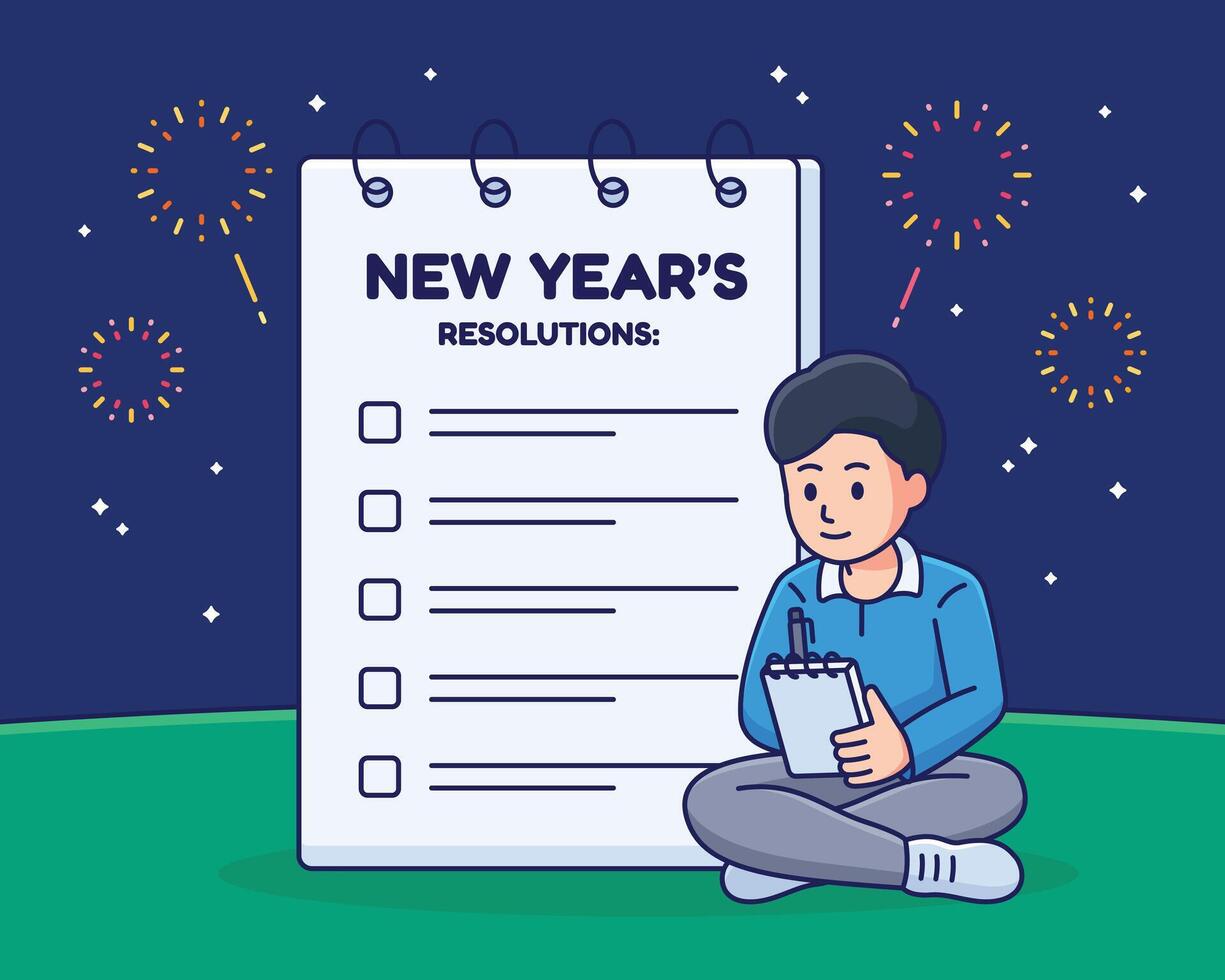 Cartoon illustration of a boy writing new year resolutions vector