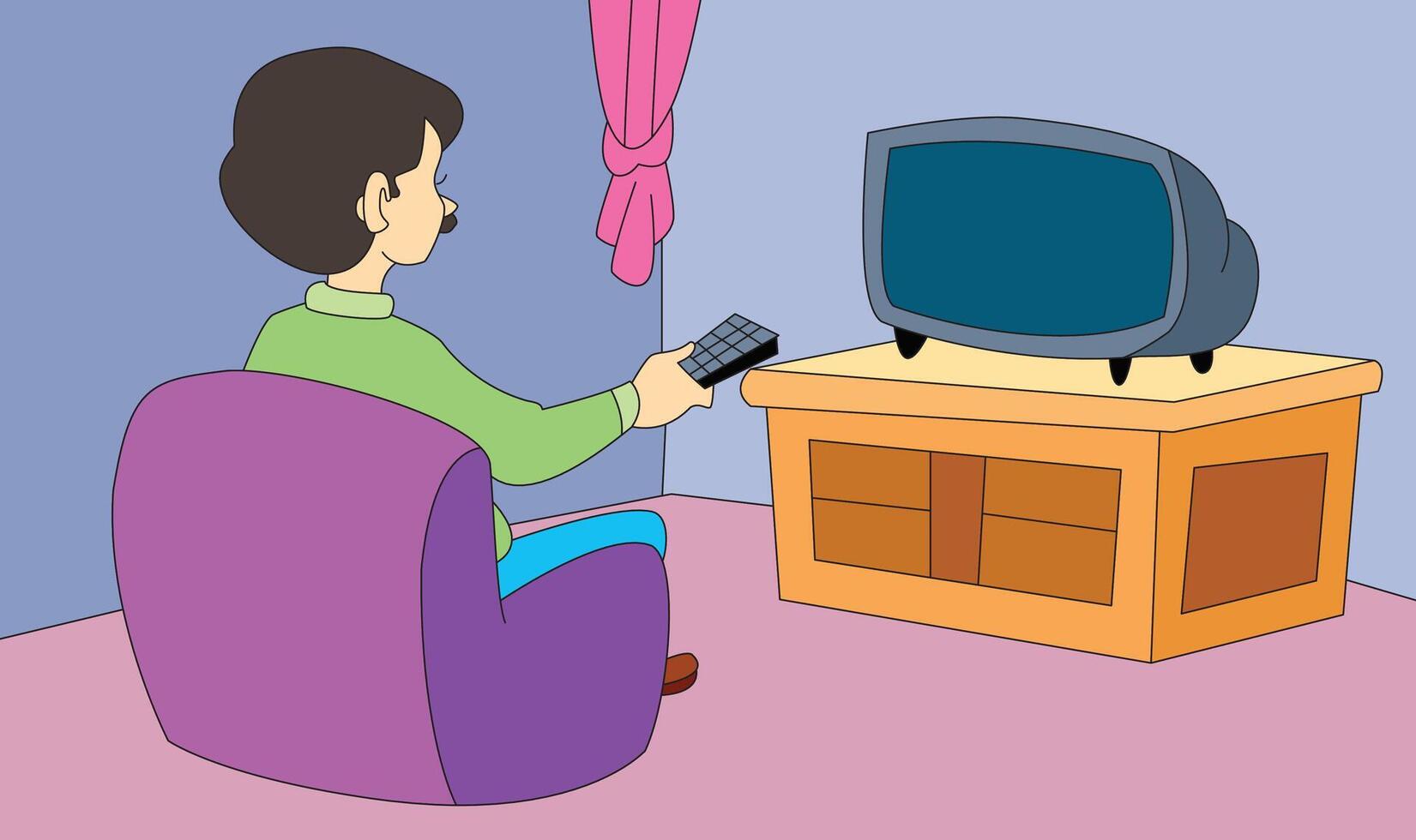 Boy sitting in room watching tv vector