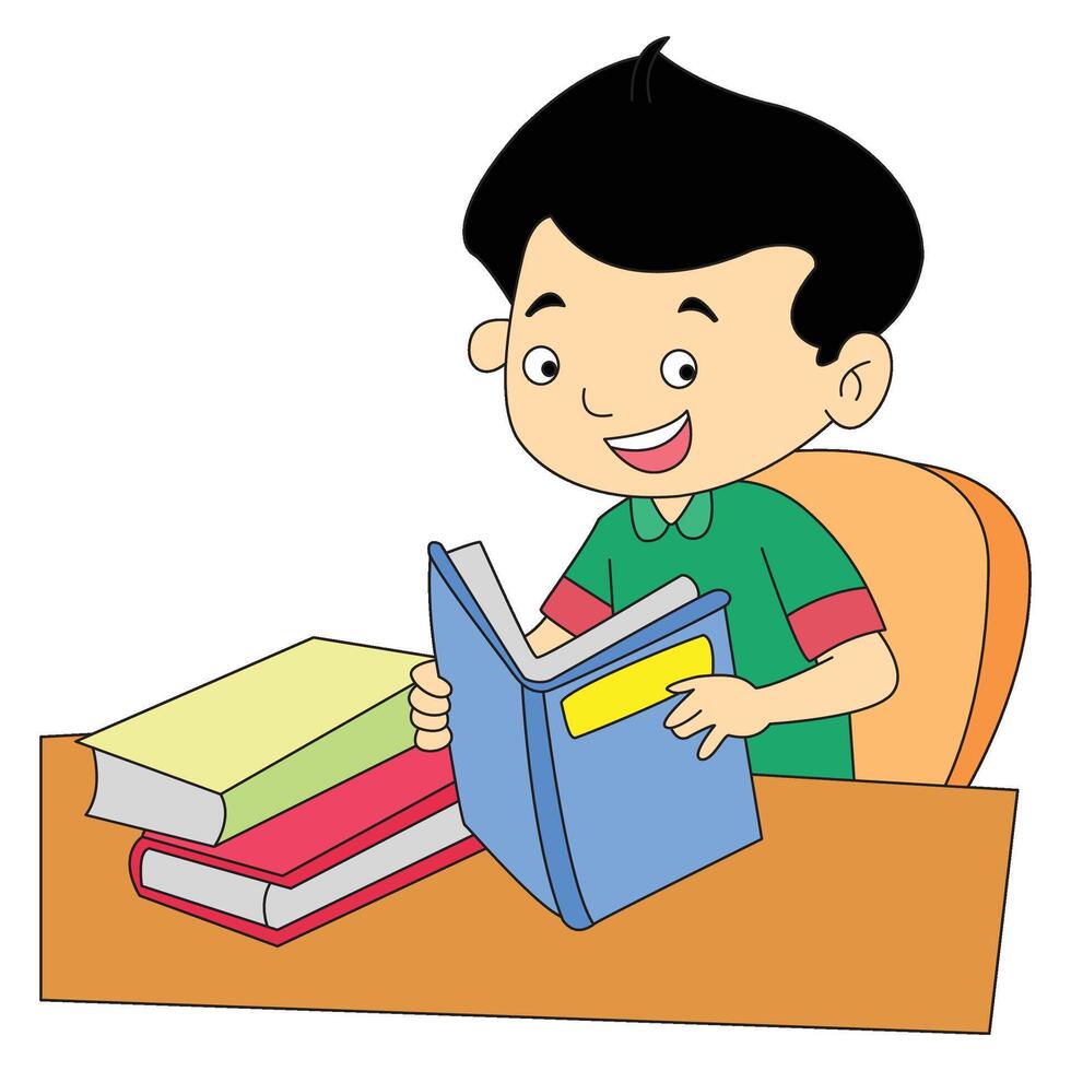 Boy studying while sitting smiling on the chair illustration vector