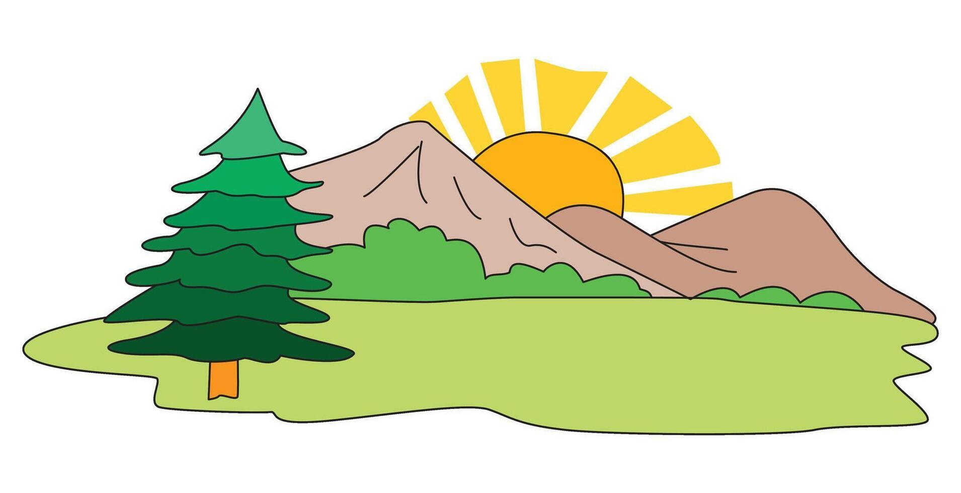 A picture of a mountain with a sun and trees vector