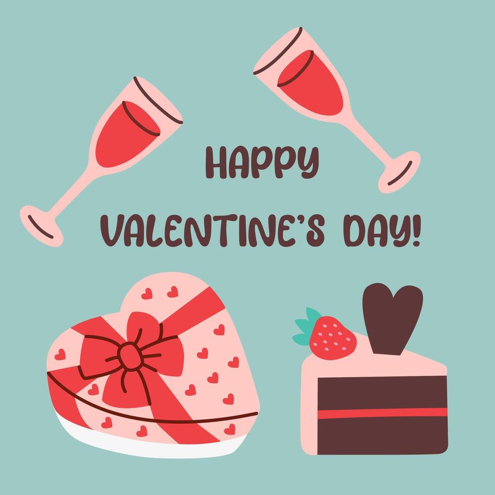 Valentine's Day greeting card in flat style featuring champagne glasses, heart-shaped gift box, and chocolate cake with strawberry. Perfect for romantic holiday designs and celebrations. vector